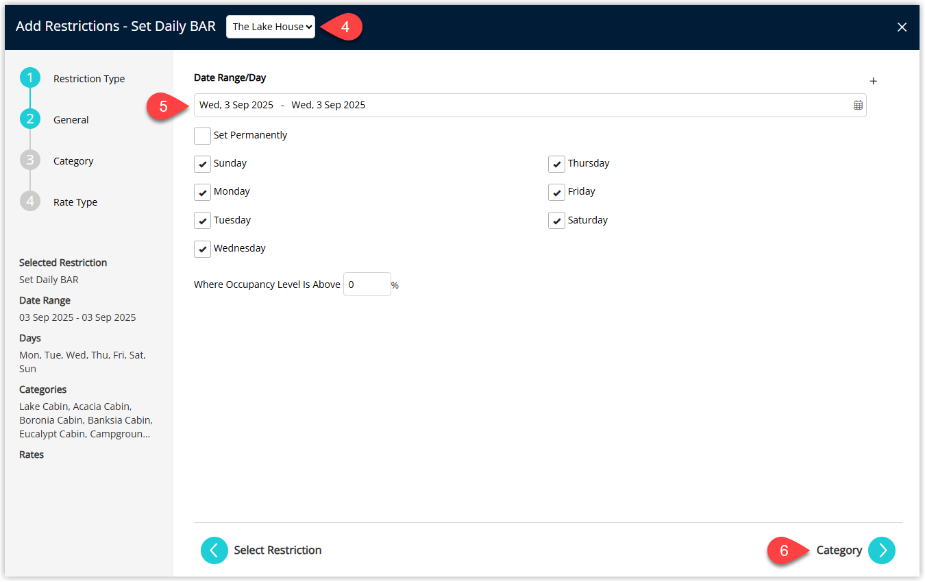 Set Daily BAR rule setup screen showing fields for Property, Date Range, Set Permanently checkbox, Add multiple date ranges icon, Days of the Week checkboxes and an optional Occupancy benchmark value before proceeding.