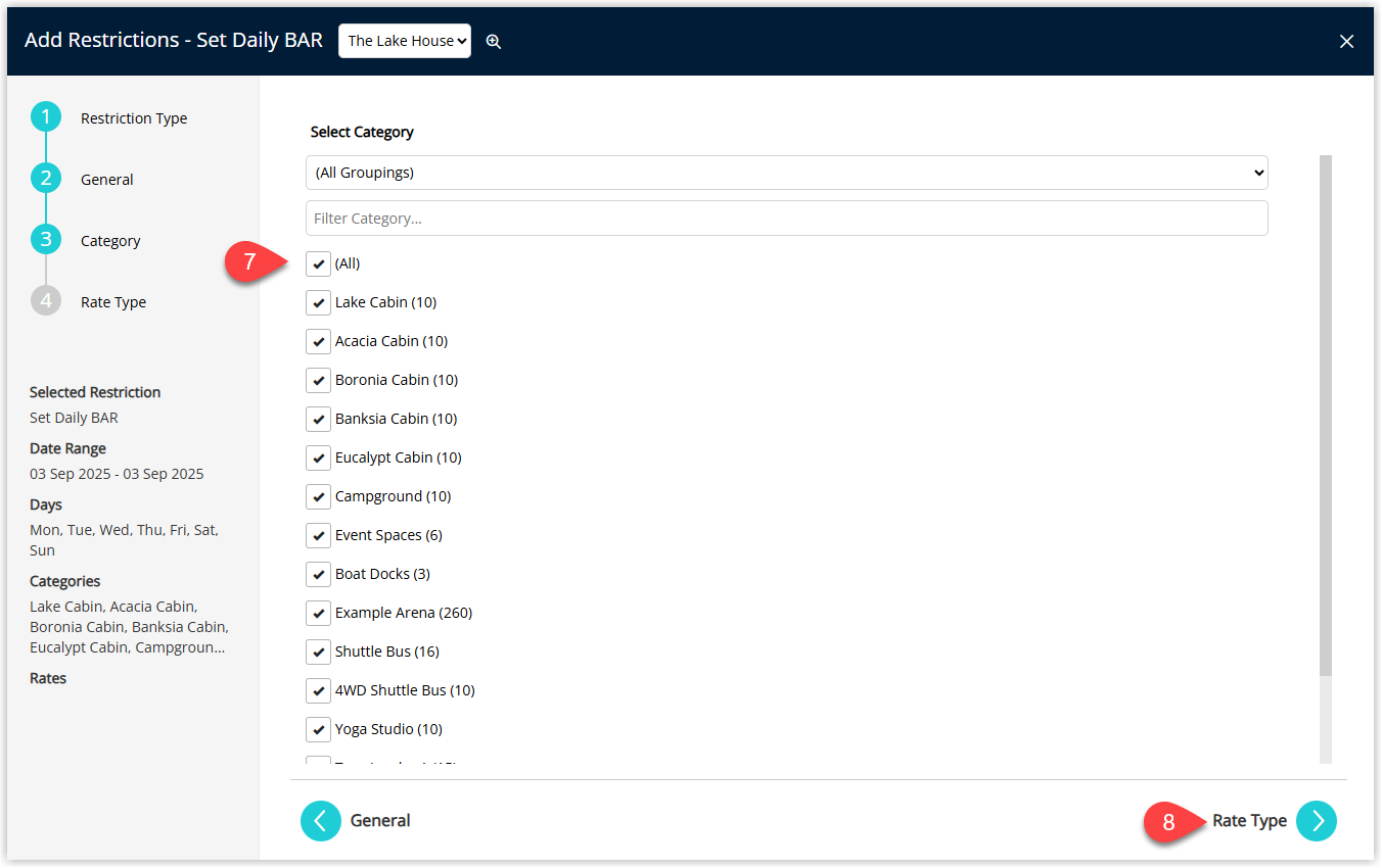 Categories selection step listing available categories with checkboxes and selected categories highlighted for which the Set Daily BAR rule will apply.