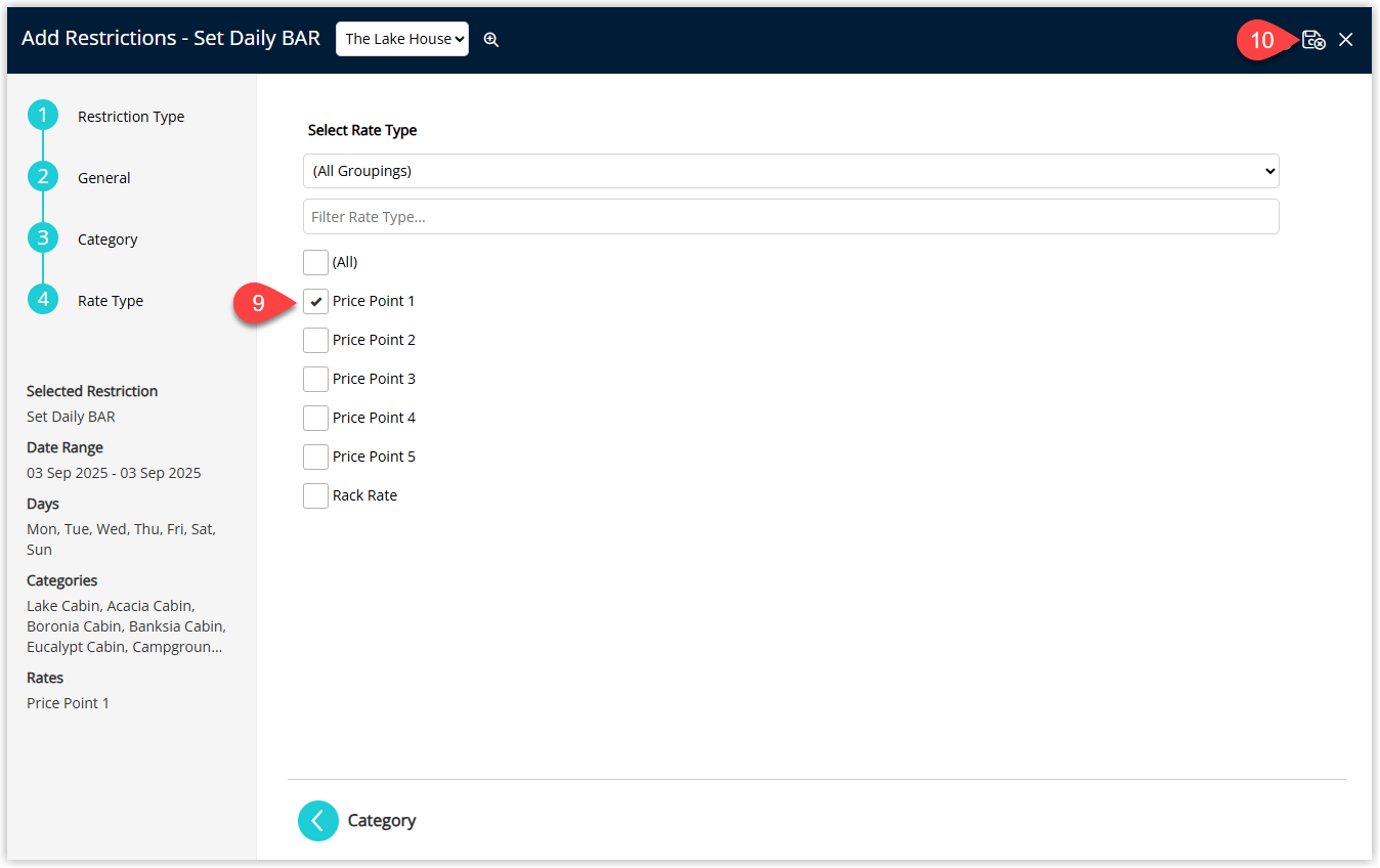 Final Set Daily BAR configuration screen showing a list of Best Available Rate Types with one selected for the chosen categories and the Save Exit button highlighted.