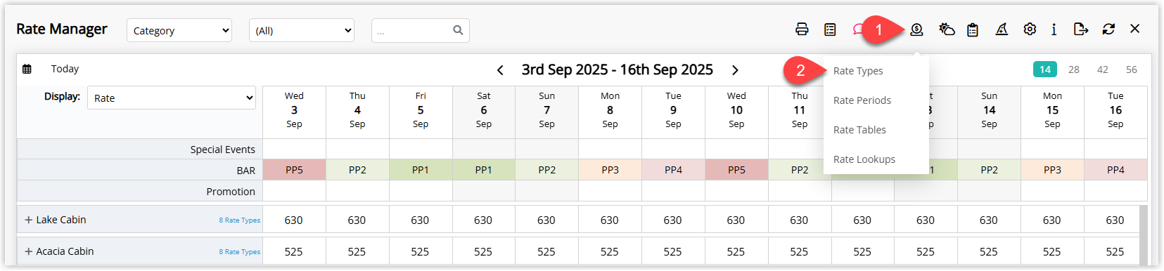 Screenshot of the Rate Table in RMS showing a derived rate selected and the New Rate Period option used to add a new date range for the derived rate.