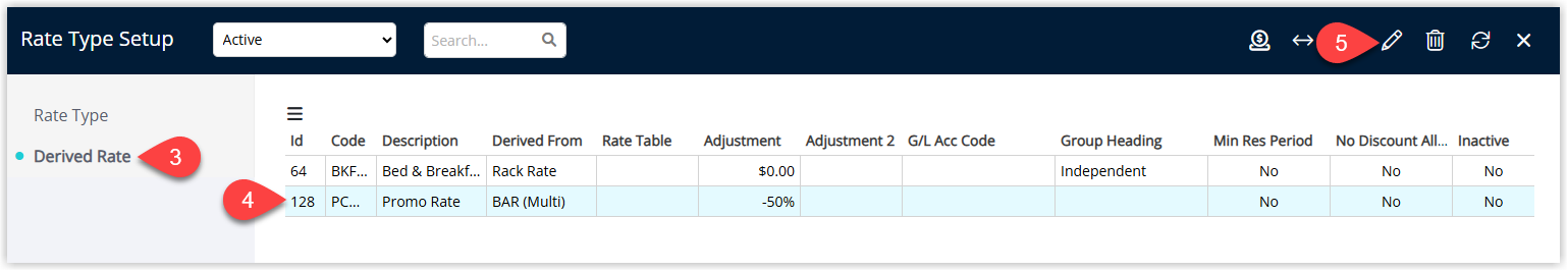 Screenshot of the Rate Table in RMS showing a derived rate selected and the New Rate Period option used to add a new date range for the derived rate.