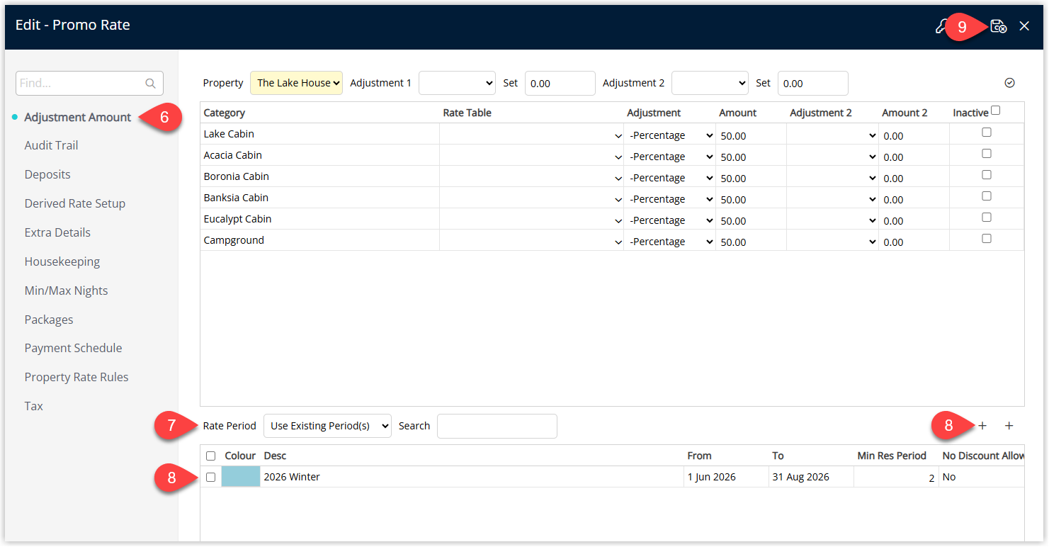 Screenshot of the Rate Table in RMS showing the newly added derived rate period displayed in the grid for the selected date range.