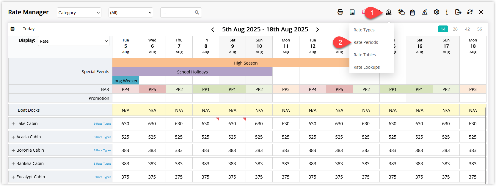 Screenshot of the RMS side menu with Charts > Rate Manager selected, and the Rates icon and Rate Periods option highlighted.
