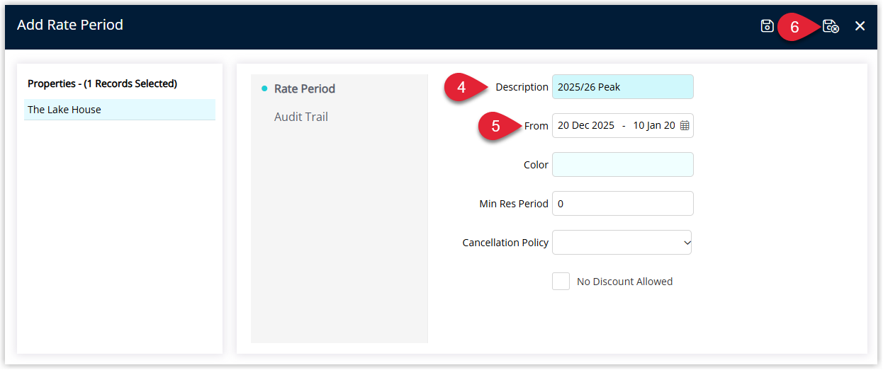 Screenshot of the New Rate Period window showing fields to enter a Rate Period Description, select a Date Range, choose a Colour, Min Res Period and Cancellation Policy, optionally tick No Discount Allowed, and the Save/Exit button to save the rate period.