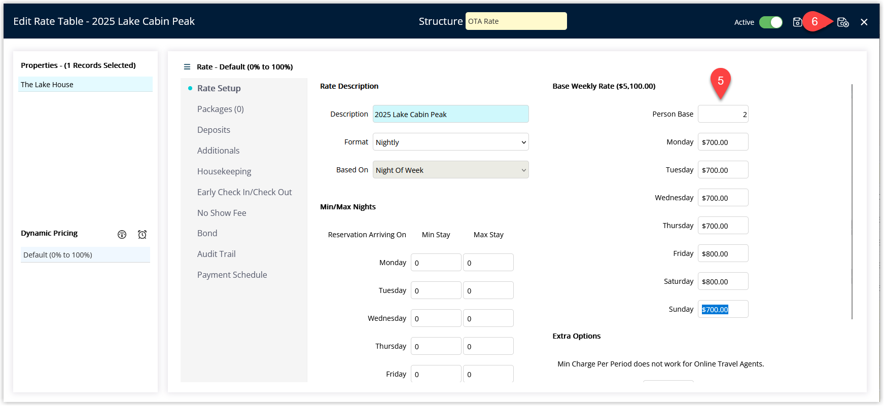 Screenshot of the Rate Table edit screen showing the rate amounts grid updated with new Rate Amounts and the Save/Exit button highlighted to save the changes.