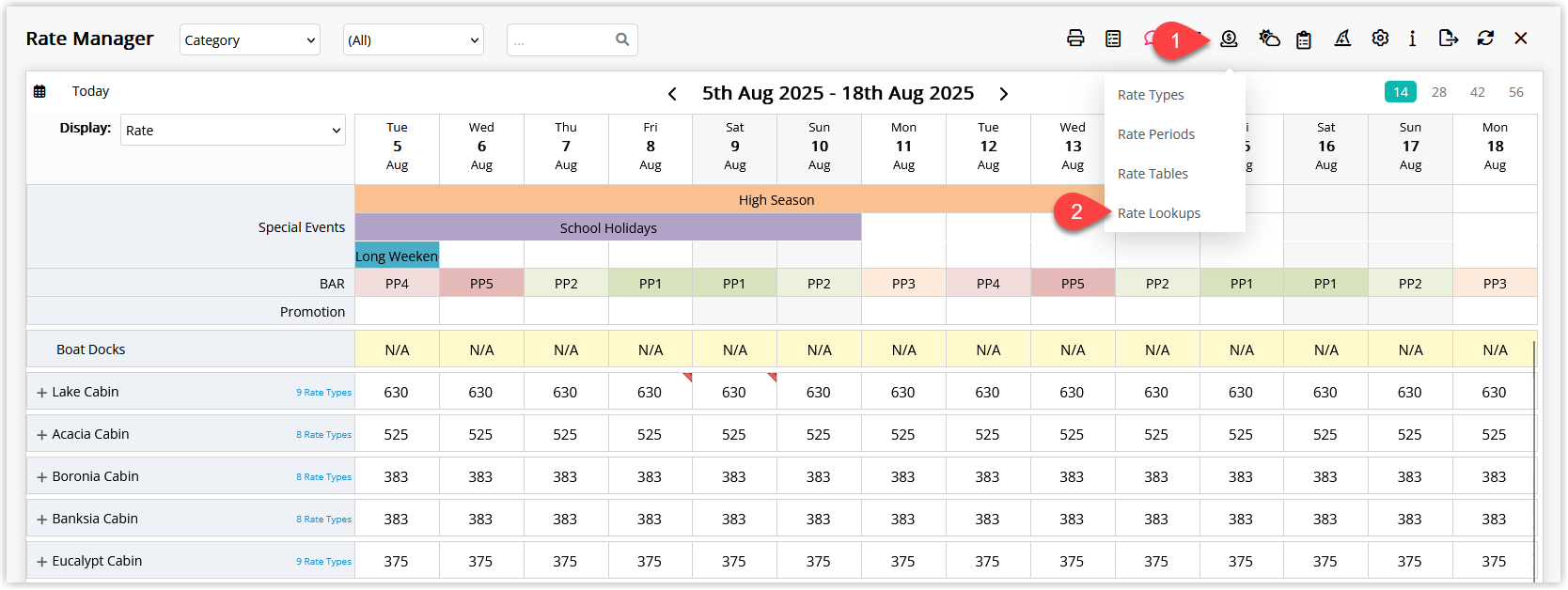Screenshot of the RMS side menu with Charts > Rate Manager selected, showing the Rates icon open and the Rate Lookup option highlighted.