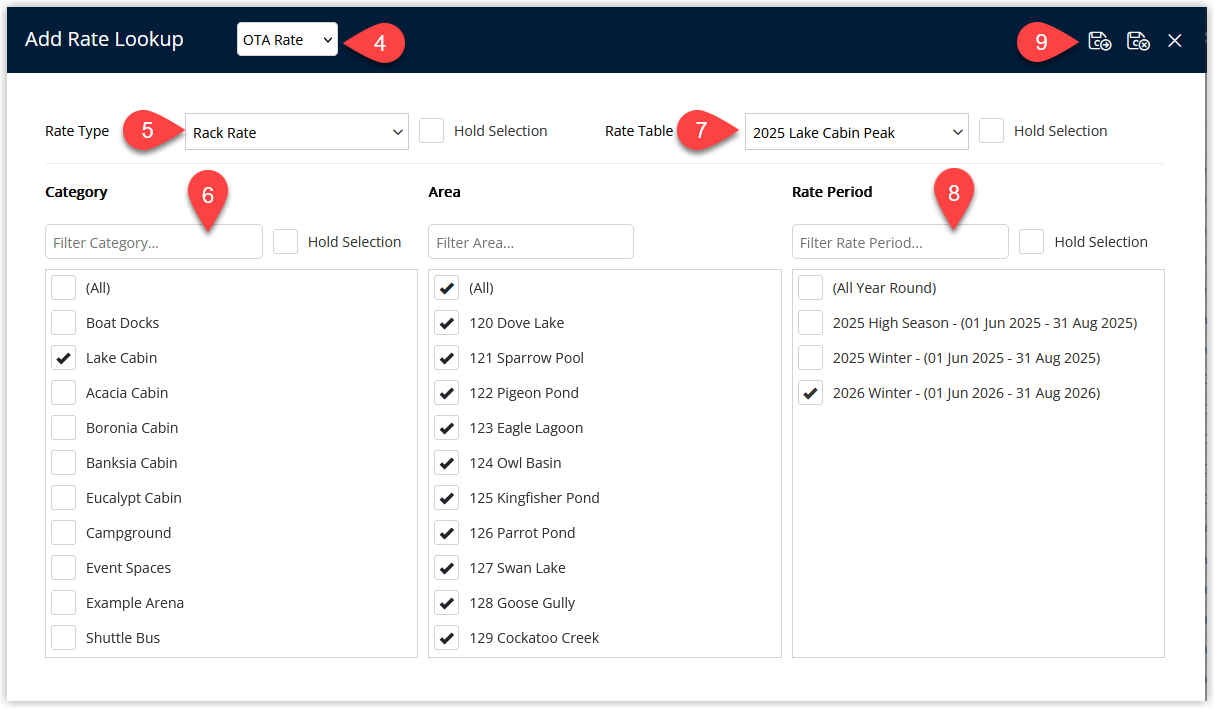Screenshot of the New Rate Lookup window showing fields to select the Rate Structure, Rate Type, Category, Rate Table and Rate Period, with Save/Next and Save/Exit buttons to complete the lookup.
