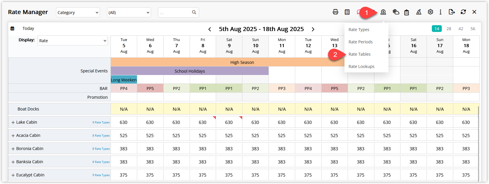 Screenshot of the RMS side menu with Charts > Rate Manager selected, showing the Rates icon open and the Rate Table option highlighted.