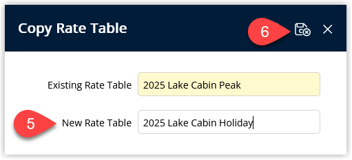 Screenshot of the Copy Rate Table window showing a new Rate Table Description entered and the Copy/Exit button highlighted to create the duplicate rate table.