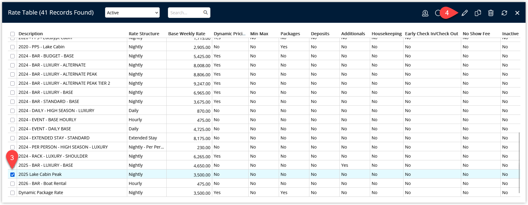 Screenshot of the Rate Tables screen with an existing Rate Table selected and the Edit icon highlighted to modify the table.