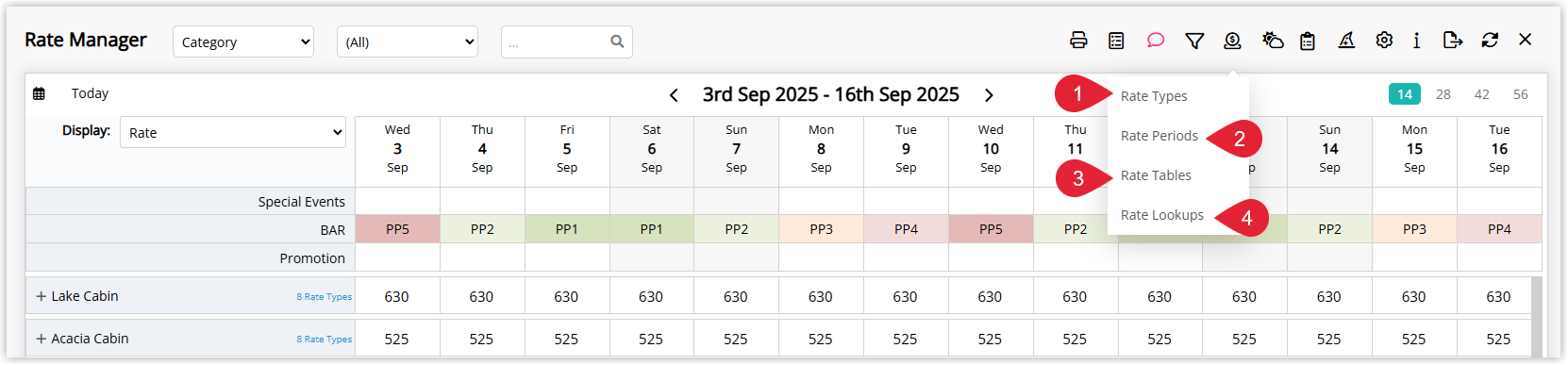 Annotated screenshot of the Rate Manager in RMS showing the Rates dropdown menu with Rate Types, Rate Periods, Rate Tables, and Rate Lookups options