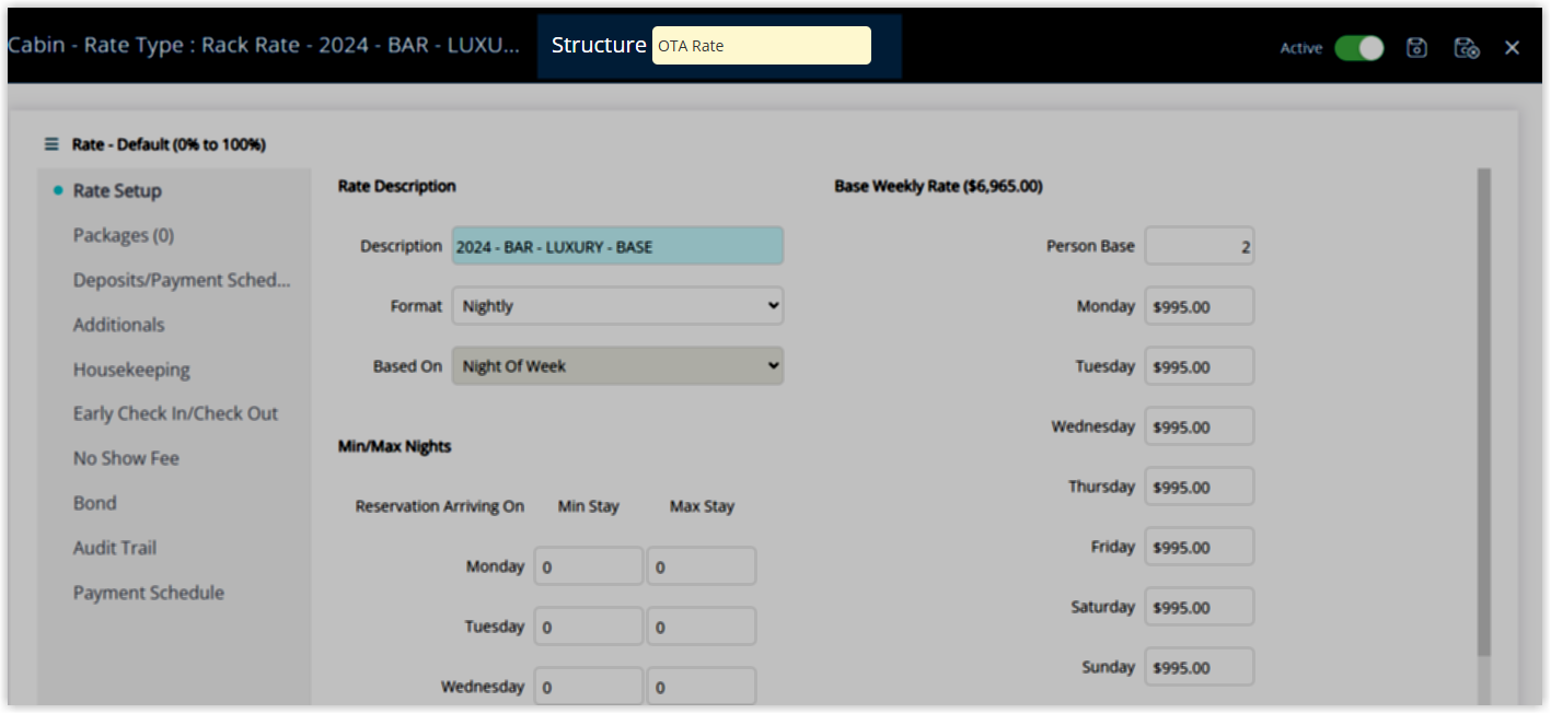 Screenshot of the Edit Rate Table screen in RMS showing the Rate Setup with the description, format, and Base Weekly Rate daily amounts