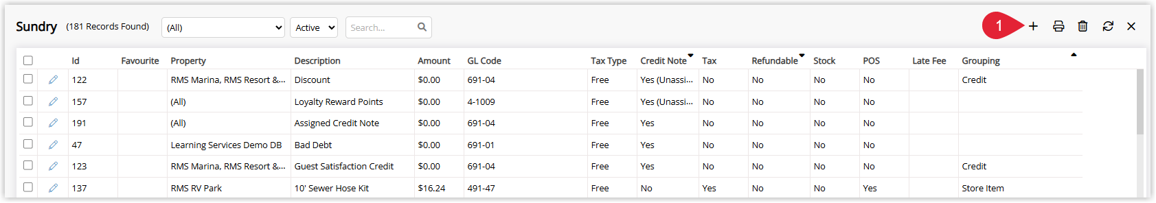 Screenshot of the Sundry list in RMS displaying active sundry charges with columns for Id, Property, Description, Amount, GL Code, Tax Type, and other options