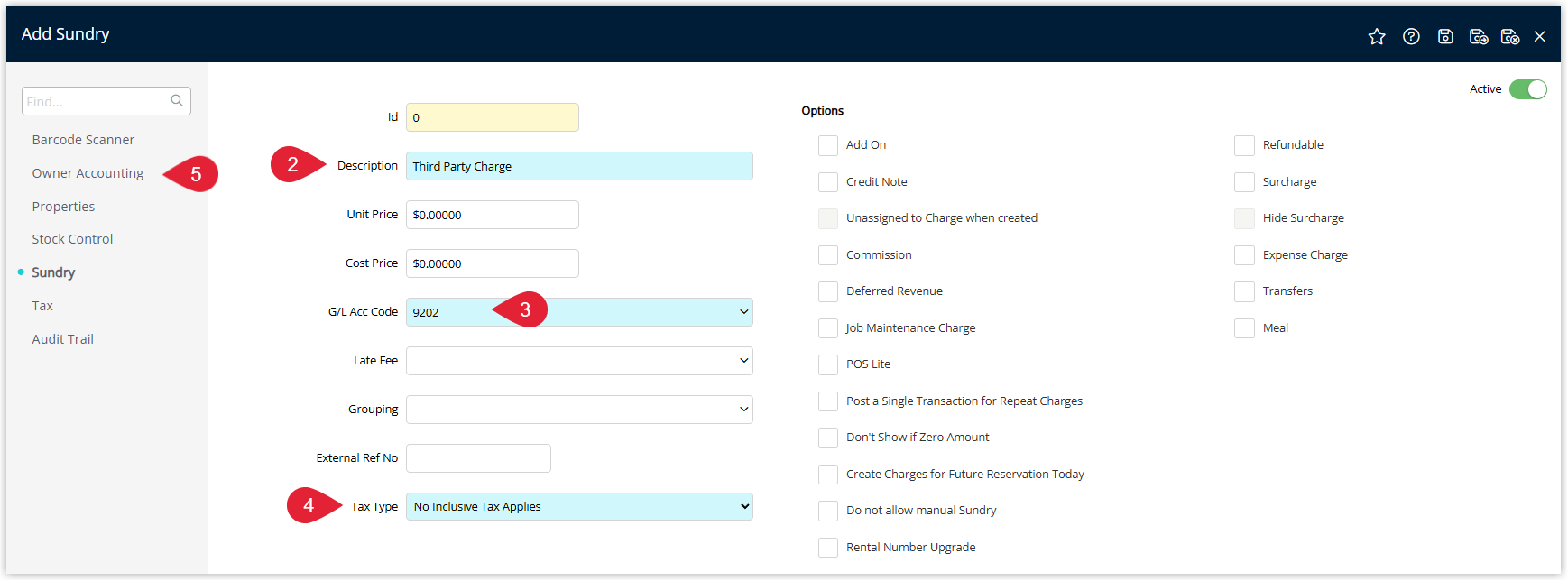 Annotated screenshot of the Add Sundry screen in RMS showing the Description field set to Third Party Charge, with the G/L Acc Code, Tax Type, and Owner Accounting navigation item highlighted