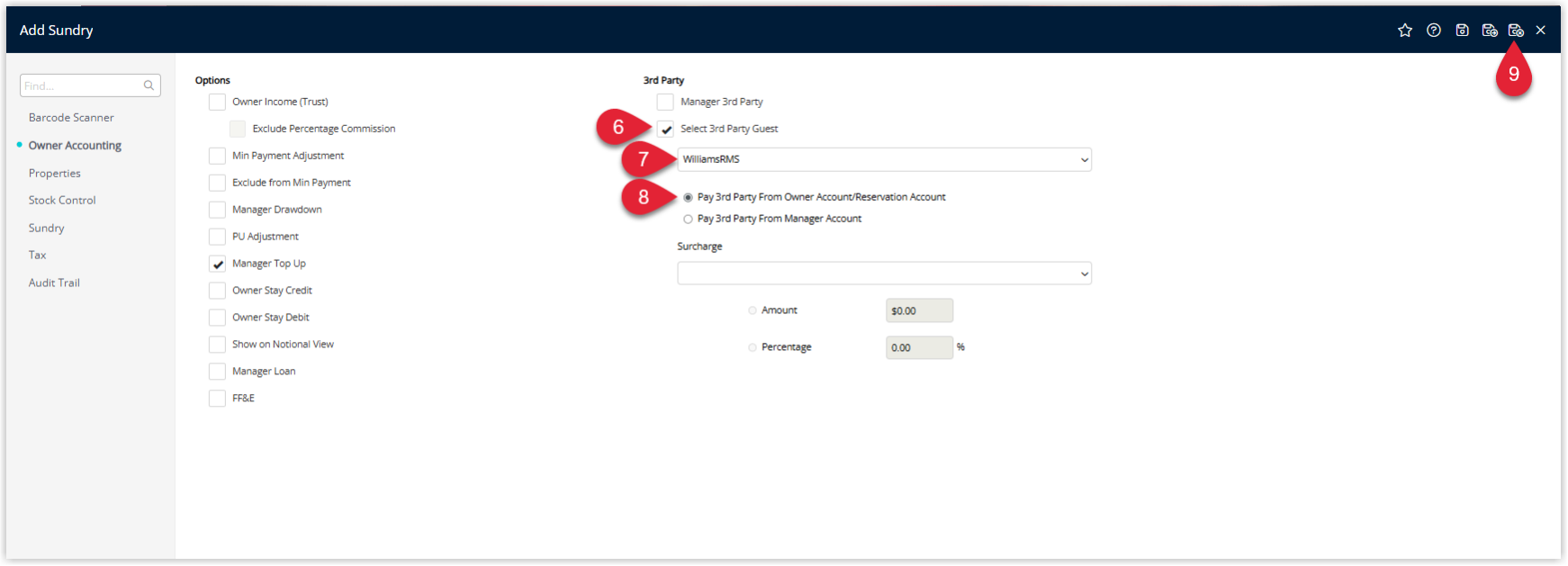 Annotated screenshot of the Add Sundry screen in RMS showing the 3rd Party options section with the Select 3rd Party Guest checkbox, guest selector, and payment source radio buttons highlighted