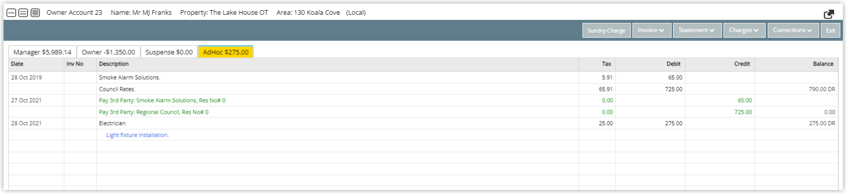 Screenshot of the Owner Account AdHoc tab in RMS showing third-party charge transactions with payments made to third-party suppliers