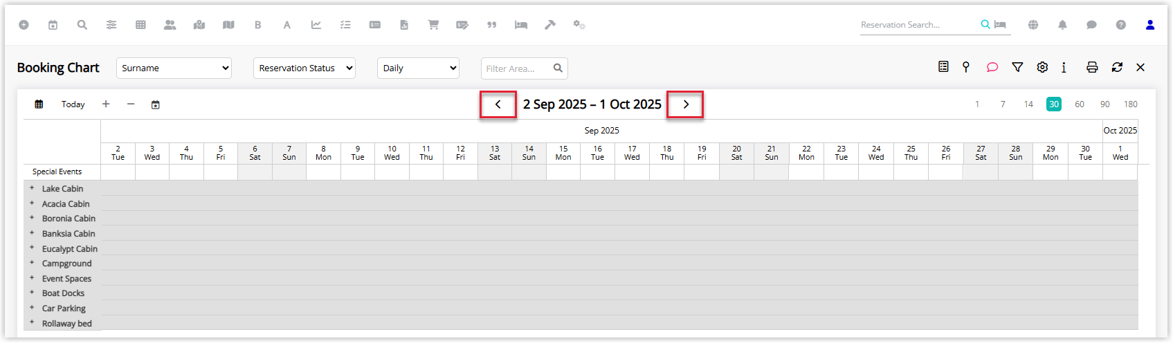 RMS Booking Chart header showing the current date range with left and right arrow buttons on either side, and the forward arrow highlighted to move the chart to later dates.