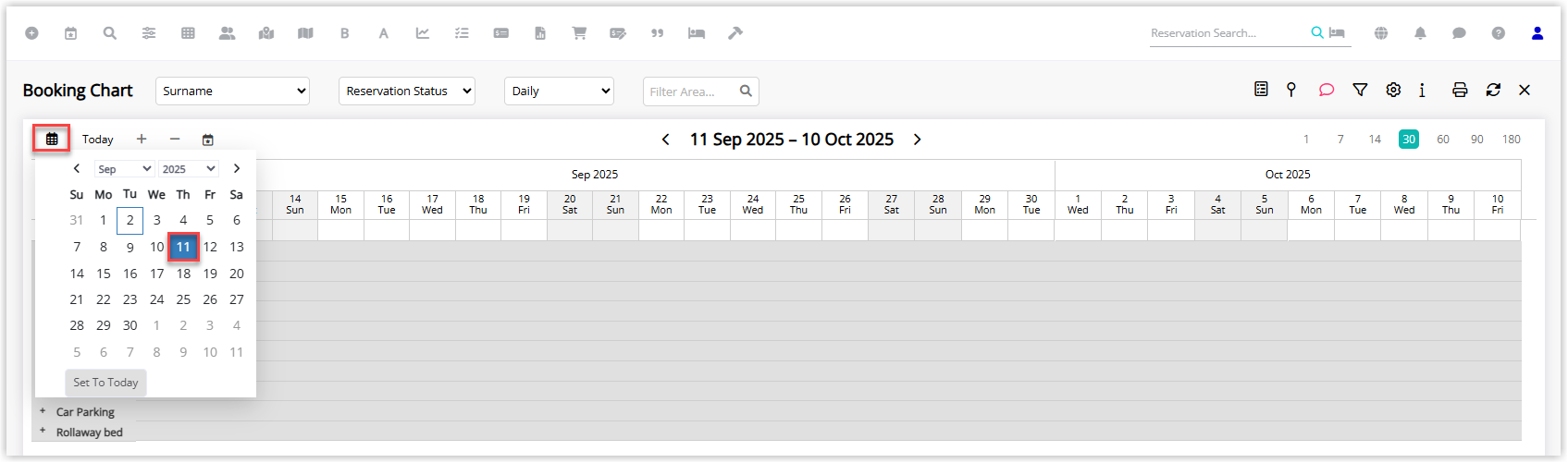 RMS Booking Chart with the calendar icon clicked, displaying a date picker popup where a specific date can be selected to jump the chart view to that day.