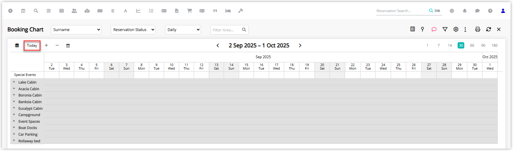 RMS Booking Chart header showing navigation controls with the Today button highlighted, indicating that clicking it returns the chart view to the current date.