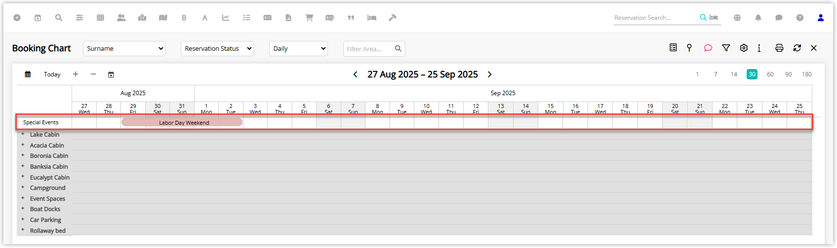 RMS Booking Chart with a Special Events drop-down menu open, listing named events such as holidays or peak periods, and one event selected so the chart jumps to the event’s date range.