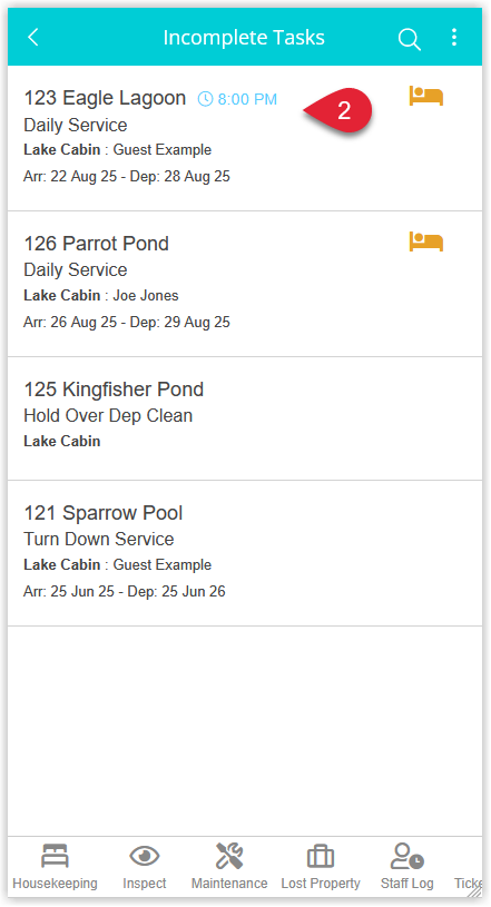 Annotated screenshot of the Staff Portal Incomplete Tasks list in RMS highlighting a housekeeping task