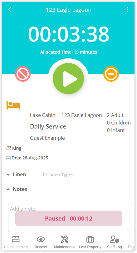 Screenshot of the Staff Portal task screen in RMS showing a paused task with the resume button and the paused time