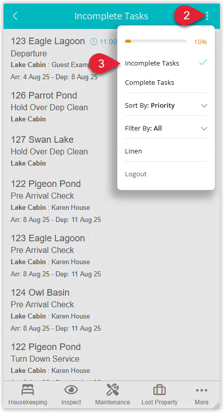 Annotated screenshot of the Staff Portal highlighting the Options icon and the Incomplete Tasks option