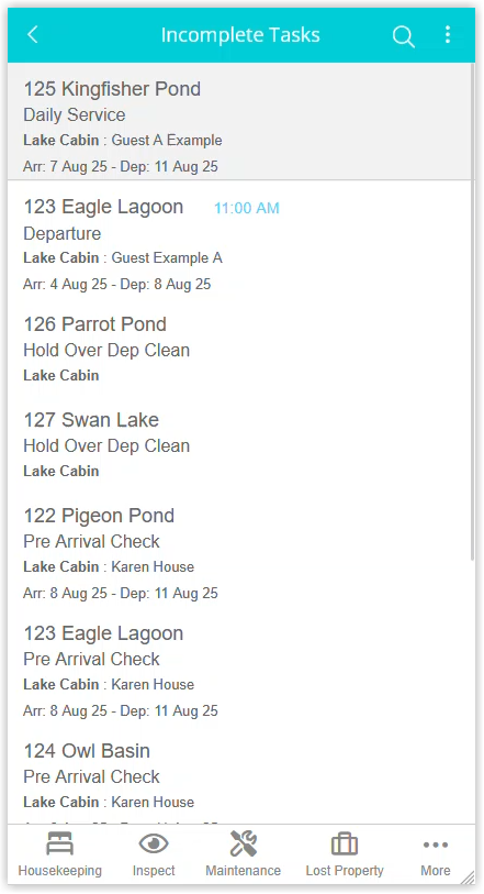 Screenshot of the Incomplete Tasks screen in the Staff Portal showing the Housekeeping Tasks assigned to the logged-in user