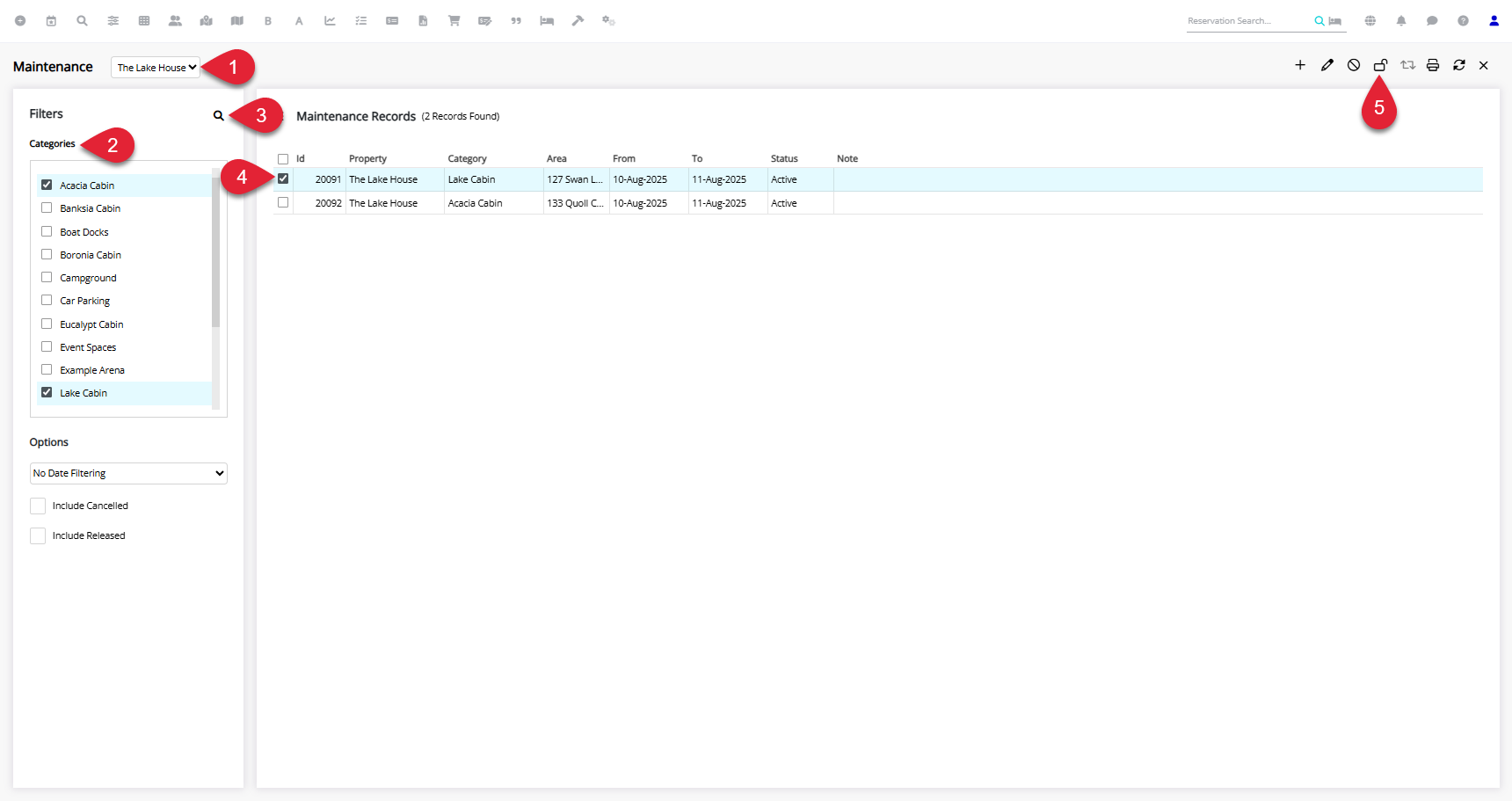RMS Out of Order utility screen showing a selected property and category with search results listing maintenance reservations, one maintenance reservation highlighted with the Release option chosen to return the area to service.