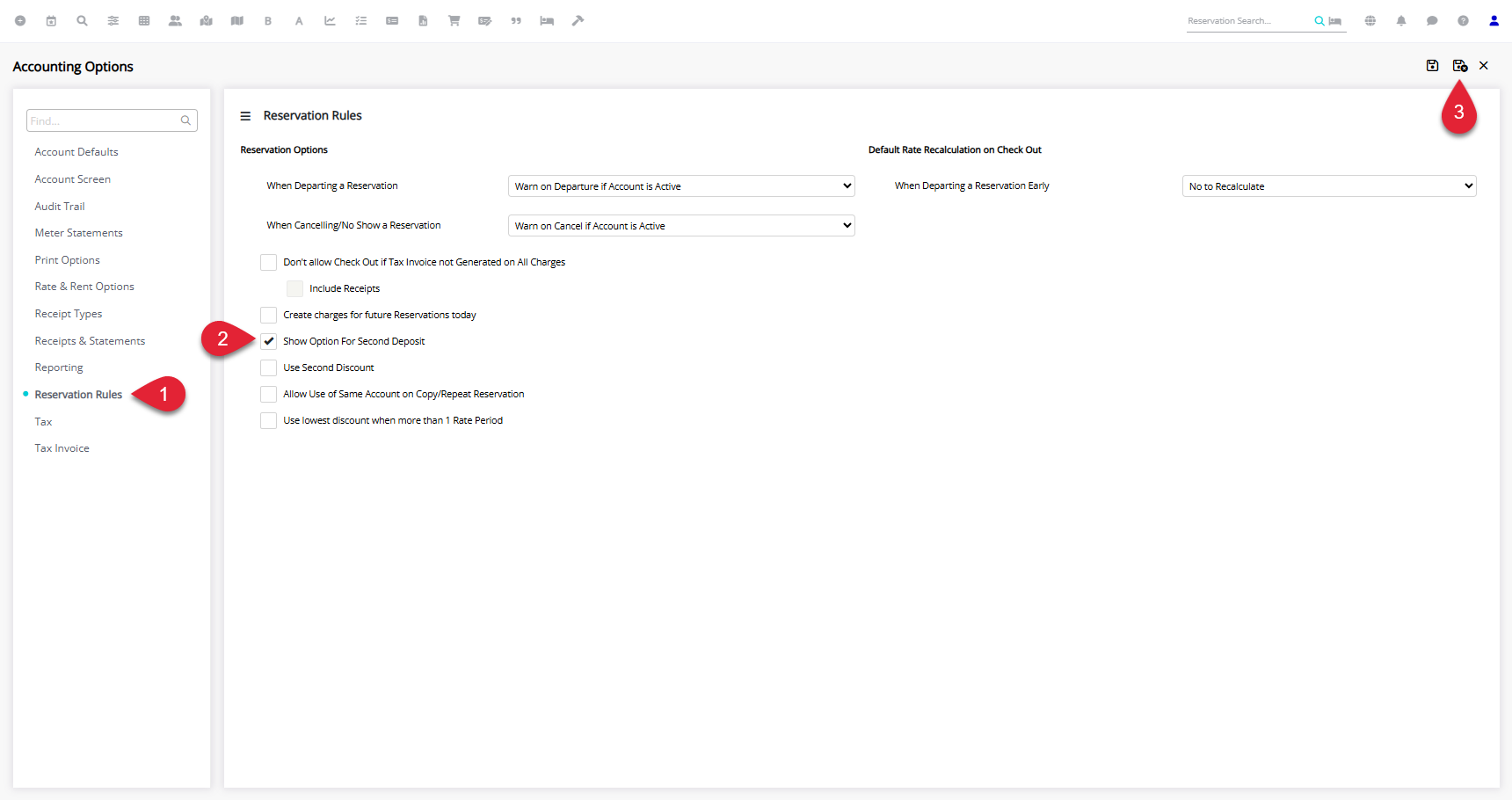 RMS Accounting Options screen on the Reservation Rules tab showing the Second Deposit Required checkbox ticked and the Save/Exit button selected to enable second deposits.