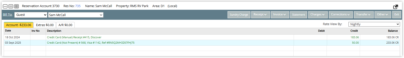 RMS Reservation Account screen for a selected booking showing a successful Second Deposit receipt line posted against the account balance, indicating the payment has been processed using the guest’s credit card token.