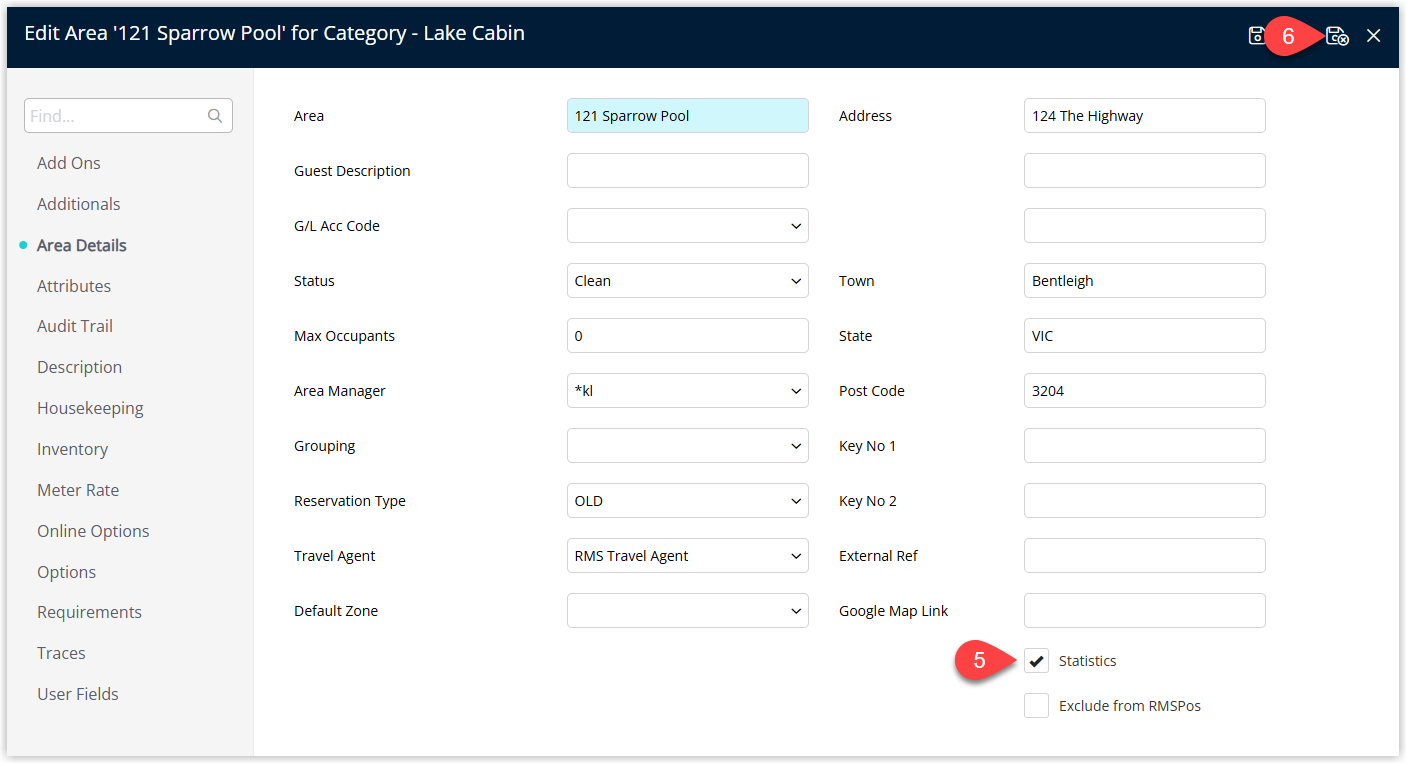 RMS Area setup window showing the Statistics checkbox that controls whether the Area is included in statistical reporting, with the option updated as required and the Save/Exit button highlighted to apply the change.