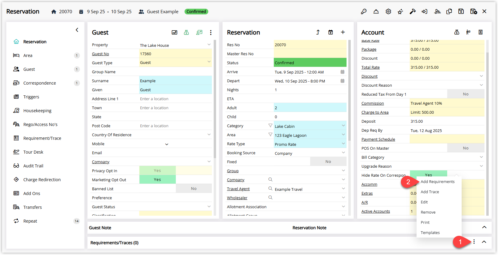 Screenshot of a reservation in RMS with the Requirements menu expanded and the Add Requirements option highlighted to create a new adhoc requirement for the booking.