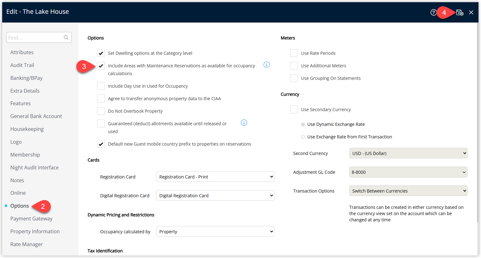 Property Information settings window on the Options tab showing a checkbox labelled 'Include Areas with Maintenance Reservations as Available for Occupancy Calculations' ticked, with a Save/Exit button to apply the change