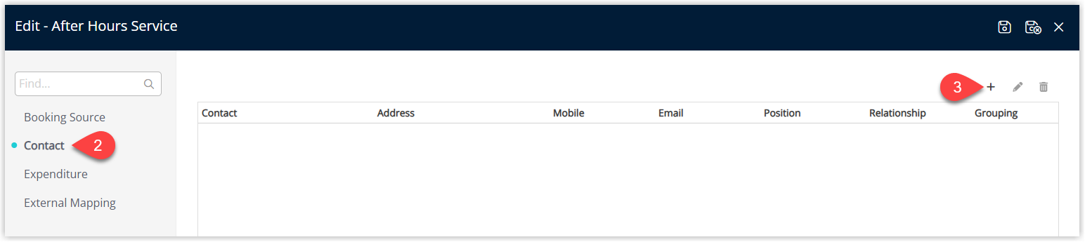 RMS Booking Source details window on the Contact tab showing an empty or existing list of contacts, with the Add (plus) icon highlighted to create a new Booking Source Contact.