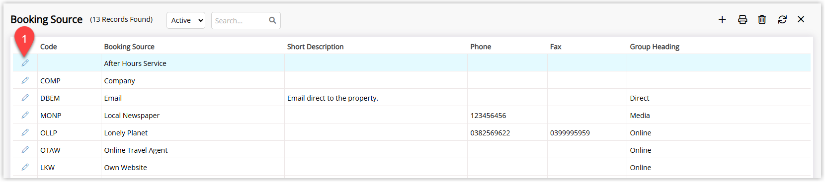 RMS Booking Source lookup table listing existing booking sources such as OTAs and agents, with one Booking Source highlighted and the Edit option selected to open its details.