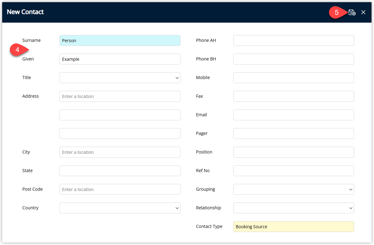 RMS Booking Source Contact entry window displaying fields for contact name, phone, email and other details, with an optional Grouping field selected, and the Save/Exit button highlighted to store the new Booking Source Contact.