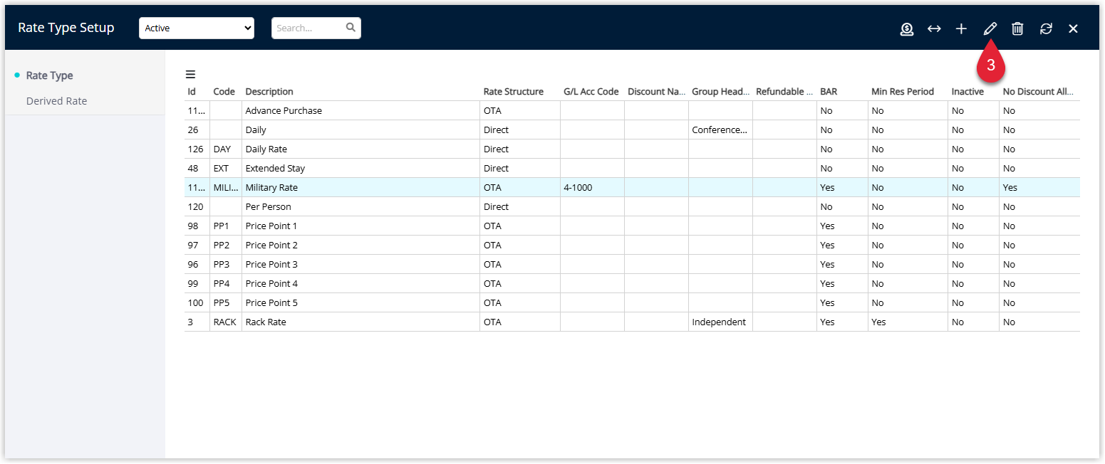 Screenshot of the Rate Type details screen in RMS with an existing rate type open for editing, showing fields such as description, category and active/inactive status.