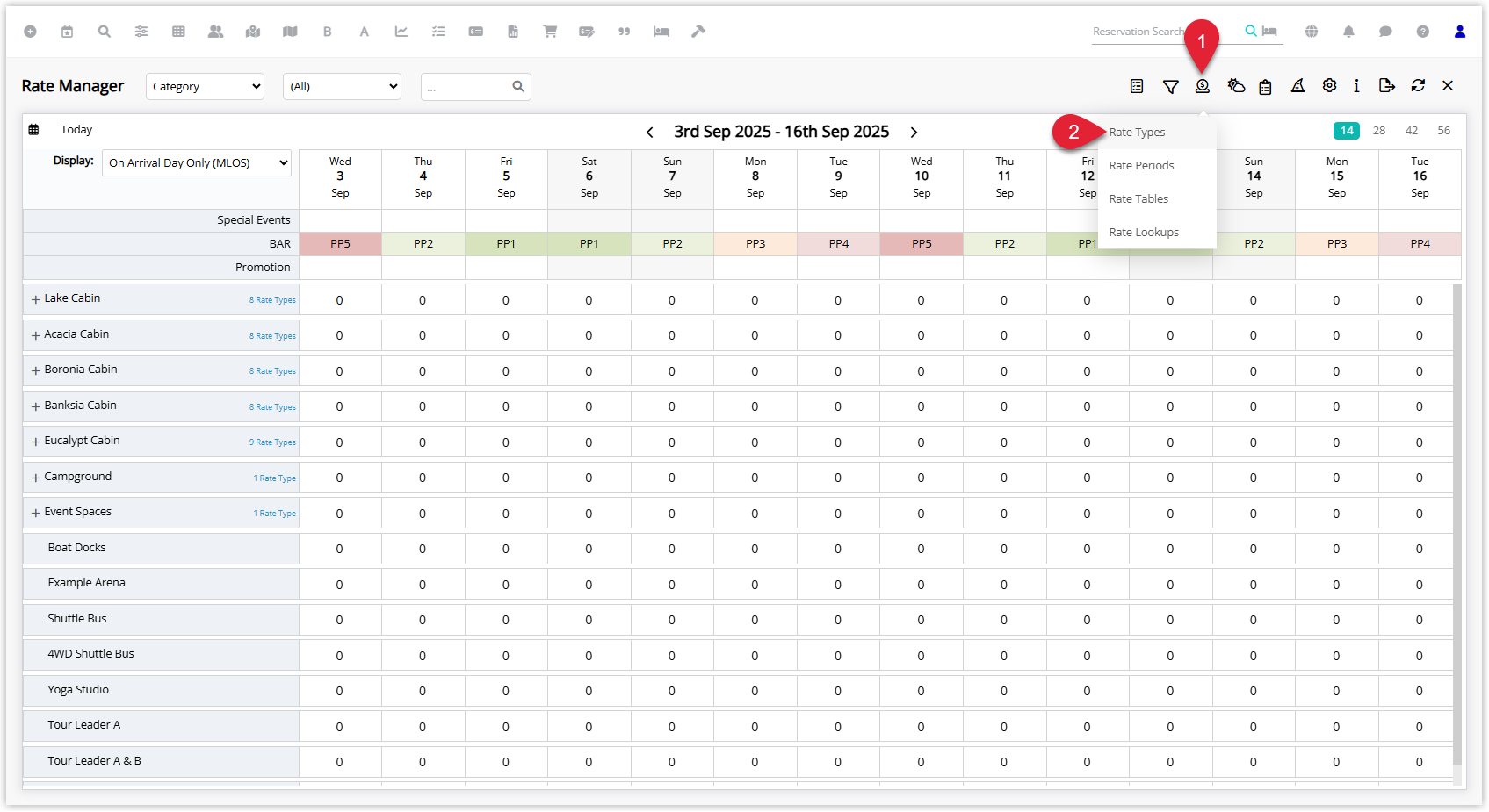Screenshot of the Rate Type list in RMS showing multiple rate types with an inactive status indicated by the slide toggle and column values.