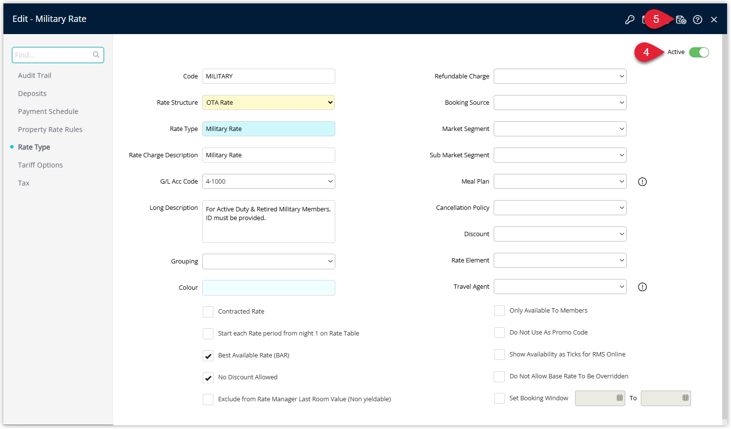 Screenshot of the Rate Type details screen in RMS highlighting the Save/Exit button used to apply changes to the rate type’s active or inactive status.