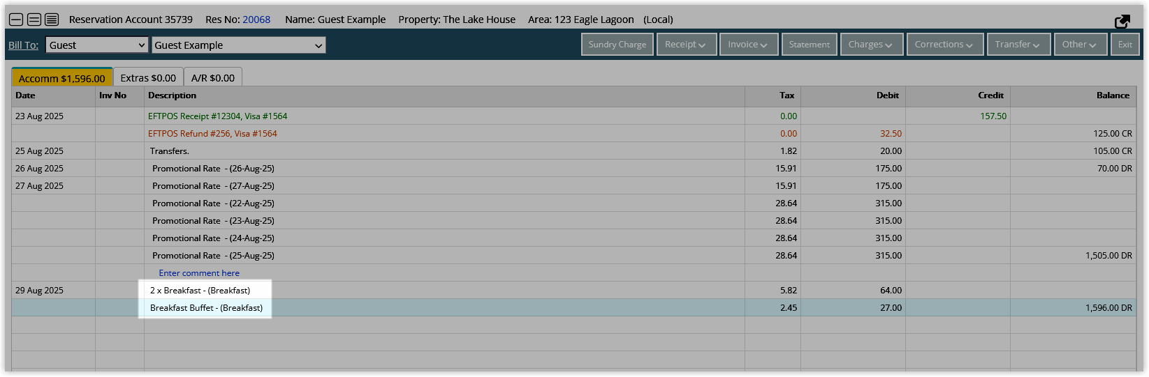 Screenshot of the account transactions list showing the merged charge now appearing as one combined entry.