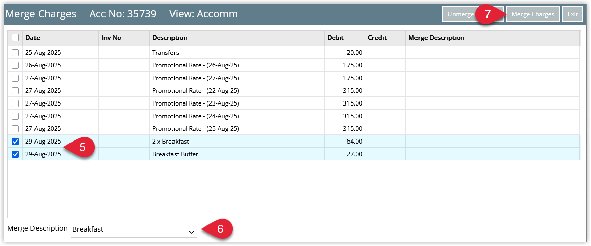 Screenshot of the charge selection list in the Merge Charges window with checkboxes to choose which charges to merge.