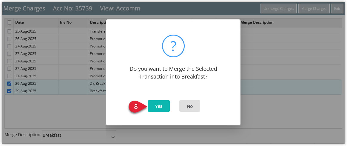 Screenshot of the merge confirmation dialog with Yes and No buttons to confirm merging the selected charges.
