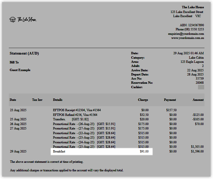 Screenshot of the printed tax invoice where the previously separate charges now appear as one merged charge.