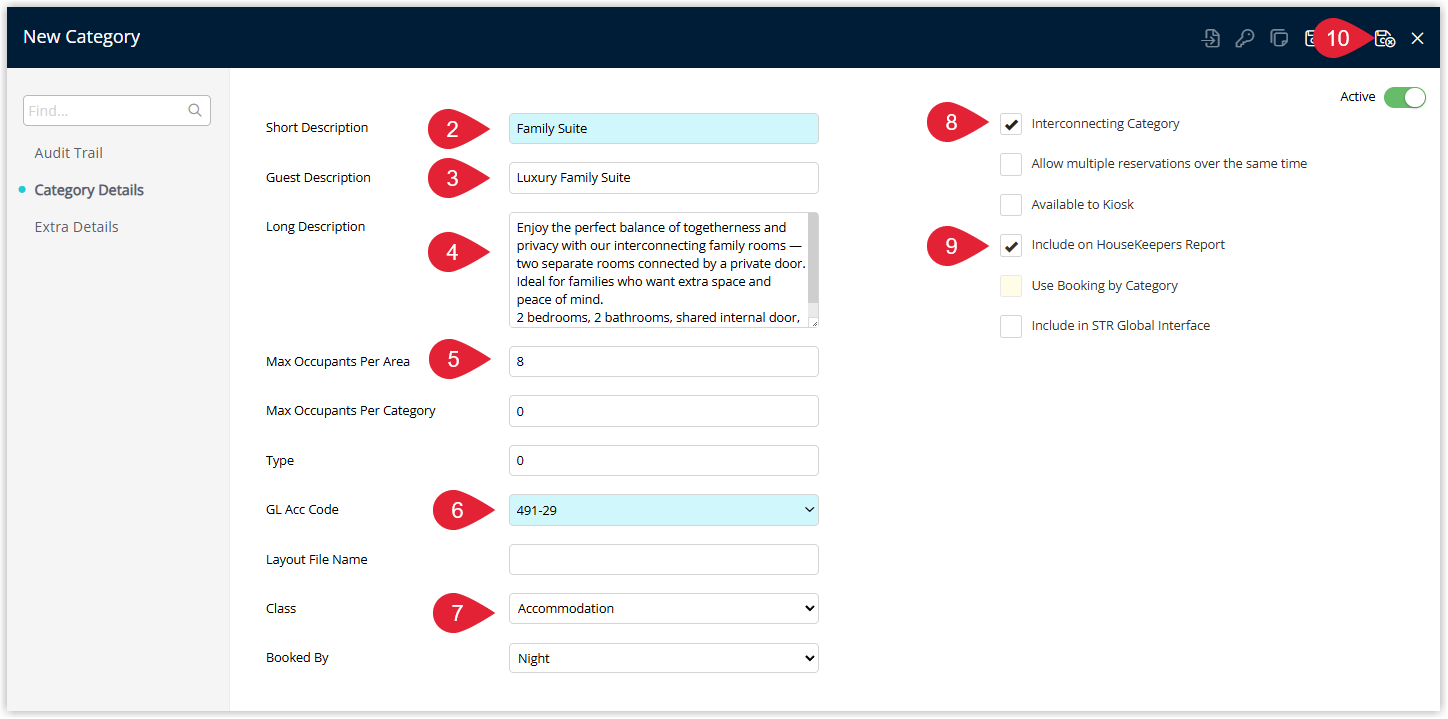 Screenshot of the Category setup window in RMS showing fields for Category Description, Guest Description, Long Description, Maximum Occupants Per Area, General Ledger Account Code and Class, with the Interconnecting Category checkbox ticked and the optional Include on the Housekeepers Report checkbox visible, and the Save/Exit button highlighted.