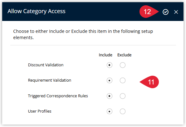 Screenshot of the Category Access screen in RMS listing user groups or properties with Include and Exclude options for the new interconnecting category, with the Apply/Exit button highlighted to save access settings.