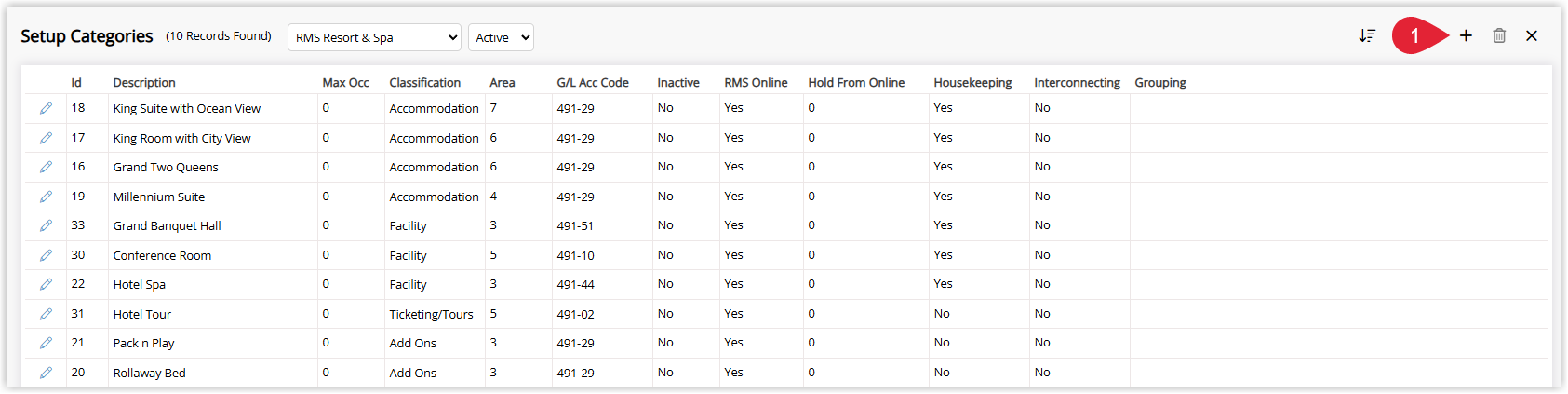 Screenshot of the Category/Area list in RMS showing existing categories and the Add (+) icon highlighted to create a new category.