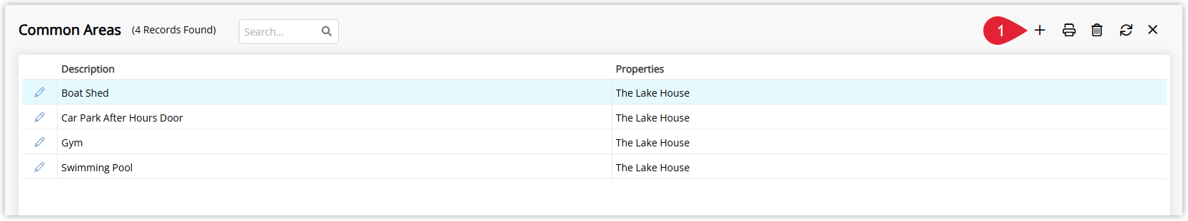 Screenshot of the Common Areas list in RMS showing existing common areas with their names, types and status.
