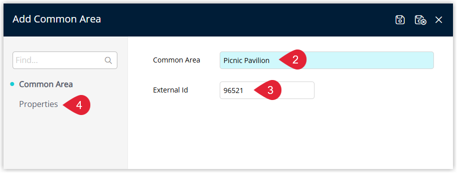Screenshot of the Common Area details screen in RMS showing fields to enter the common area name, type, capacity and other configuration options.