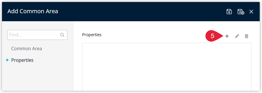 Screenshot of the Common Area setup screen in RMS showing available areas on the left, allocated areas on the right and icons to move areas into or out of the selected common area group.
